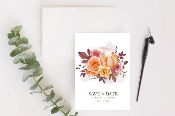 Beautiful Wedding Invitation Autumn Fall in Colorful Illustration