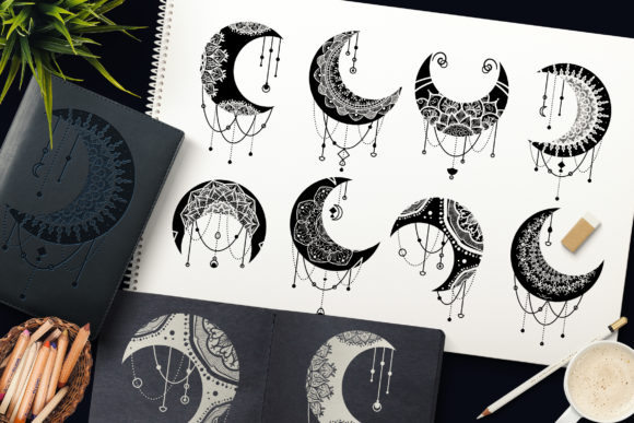 Mandalas Crescent Moon Clipart Set